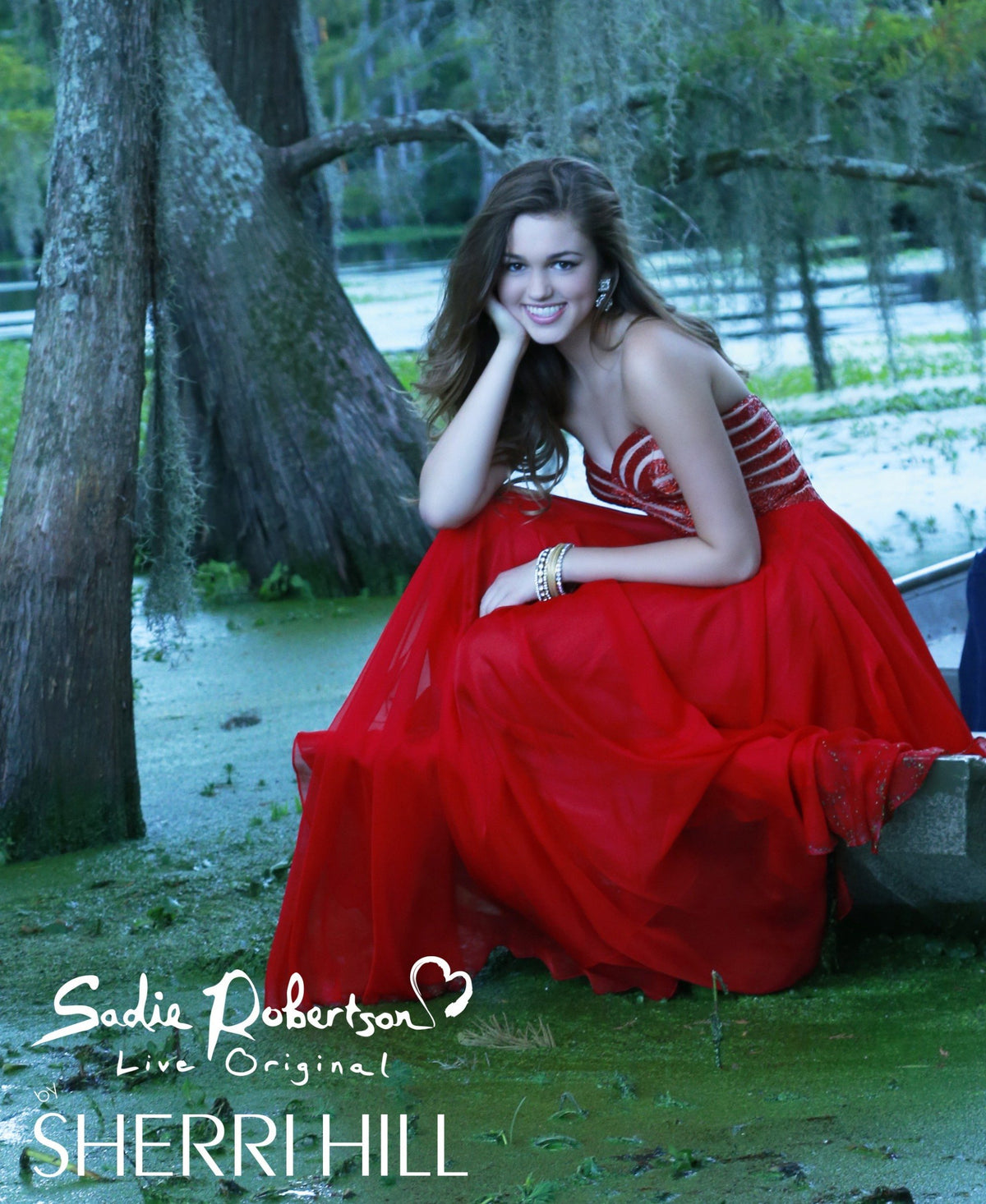 Sherri Hill 11074 strapless chiffon gown with beaded bodice in red/nude