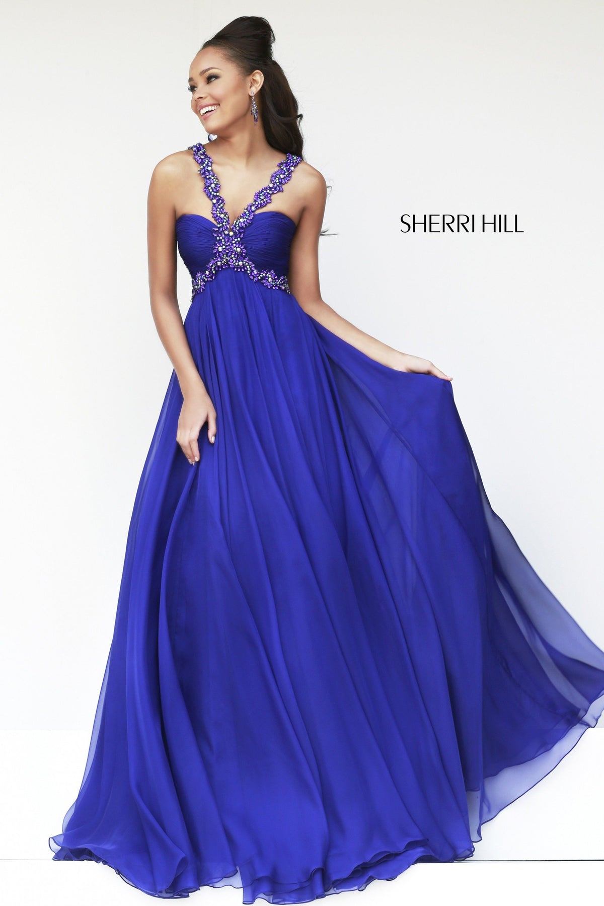 Sherri Hill 11072 one-shoulder chiffon gown in royal