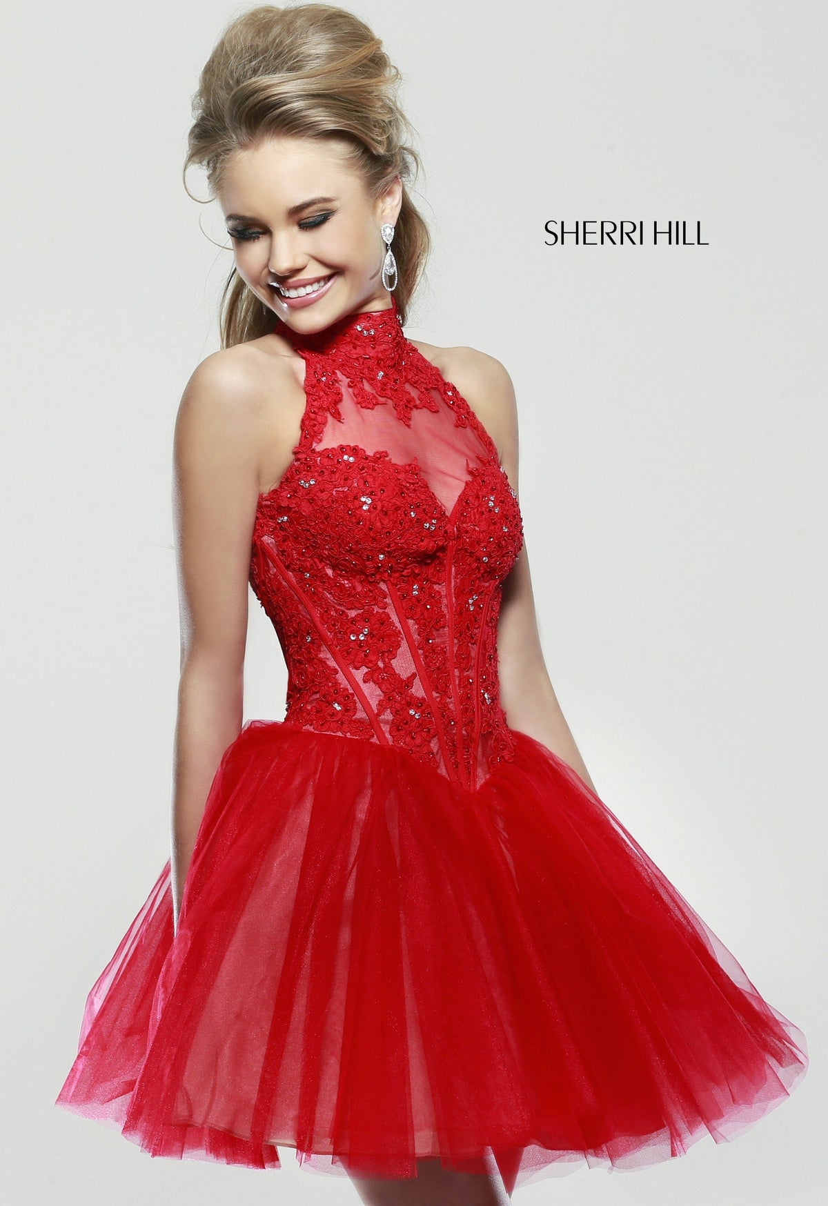 Sherri Hill 21193 high-neck beaded cocktail dress with tulle skirt