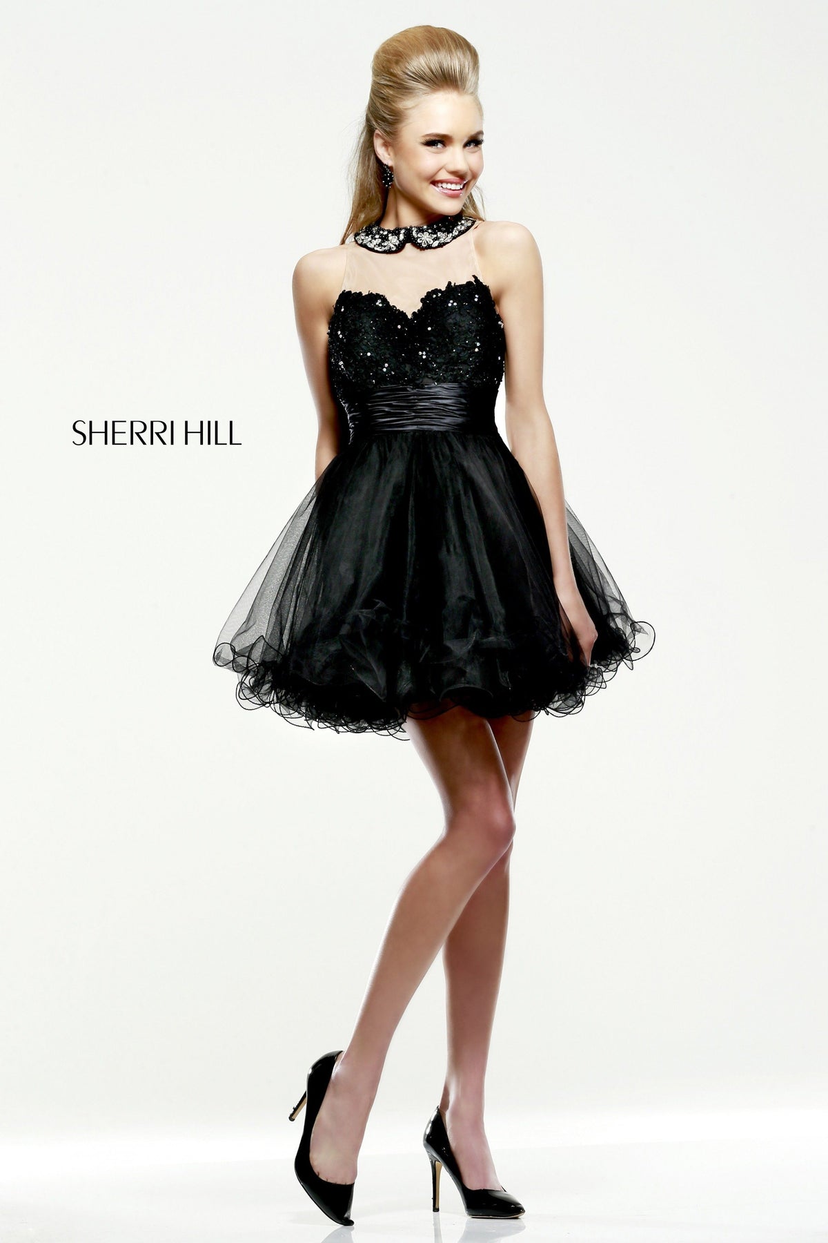 Sherri Hill 21227 strapless cocktail dress with tulle skirt in black