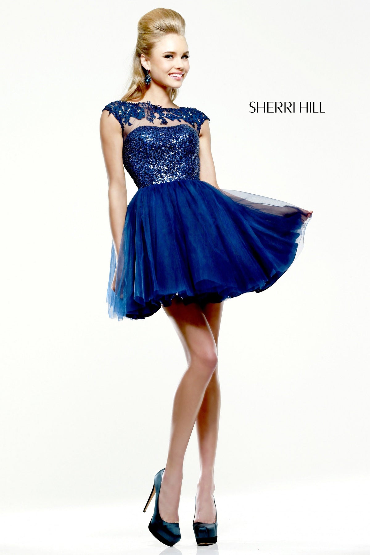 Sherri Hill 21217 cap-sleeve lace cocktail dress with tulle skirt