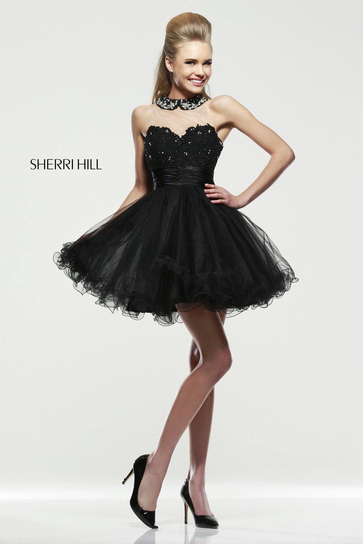 Sherri Hill 21227 strapless cocktail dress with tulle skirt