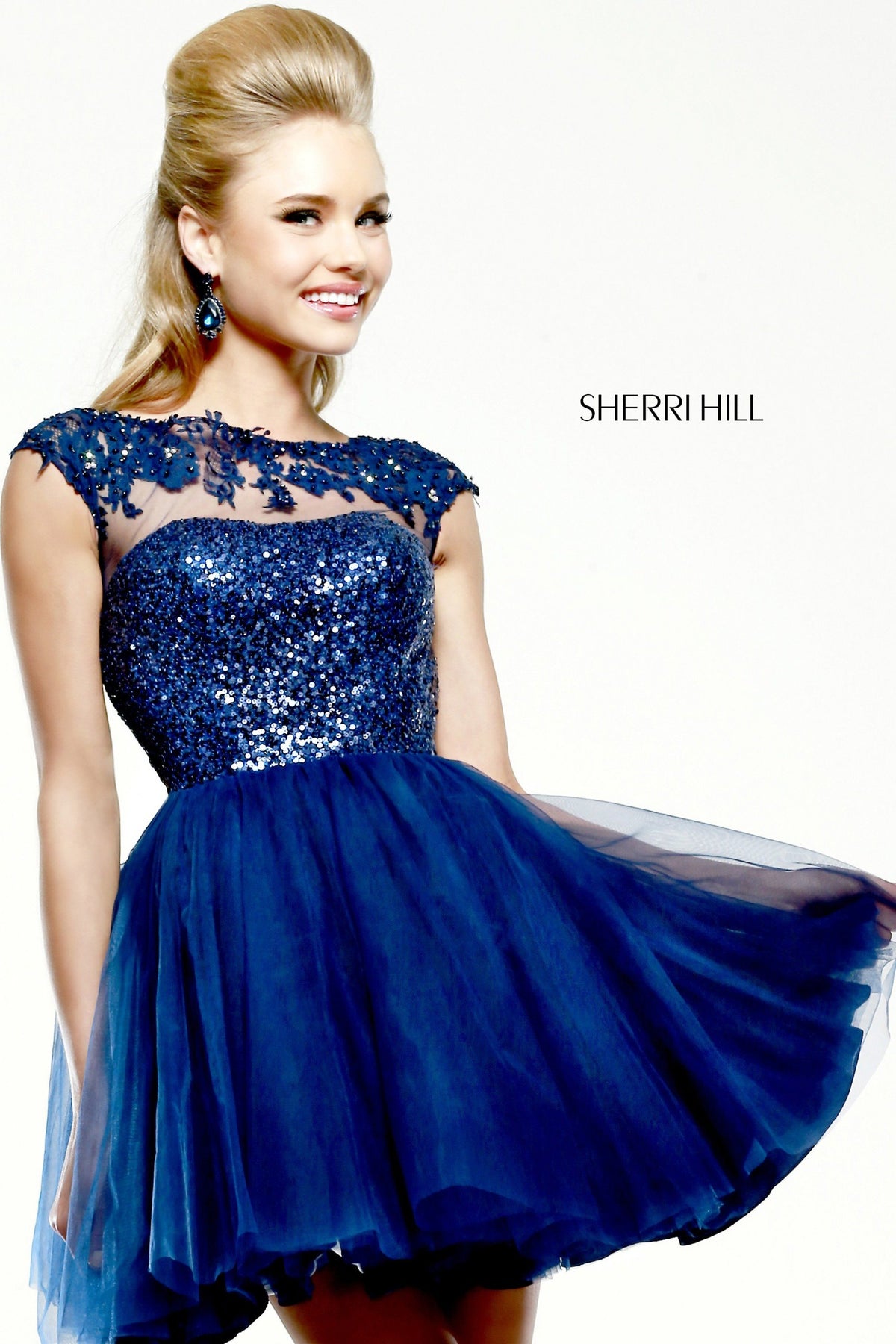 Sherri Hill 21217 cap-sleeve lace cocktail dress with tulle skirt