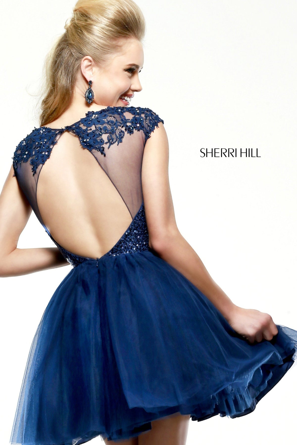 Sherri Hill 21217 cap-sleeve lace cocktail dress with tulle skirt