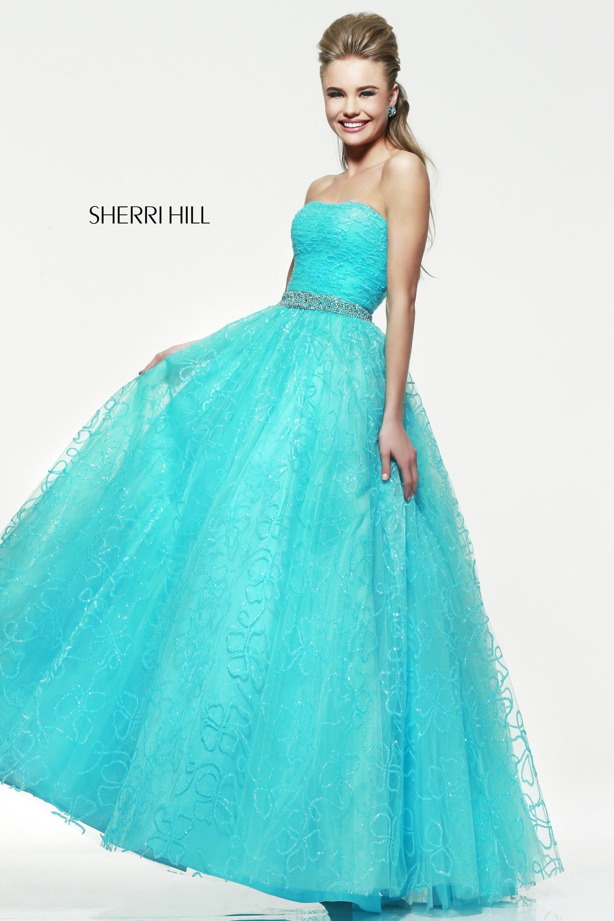 Sherri Hill 21292 strapless lace ball gown in aqua
