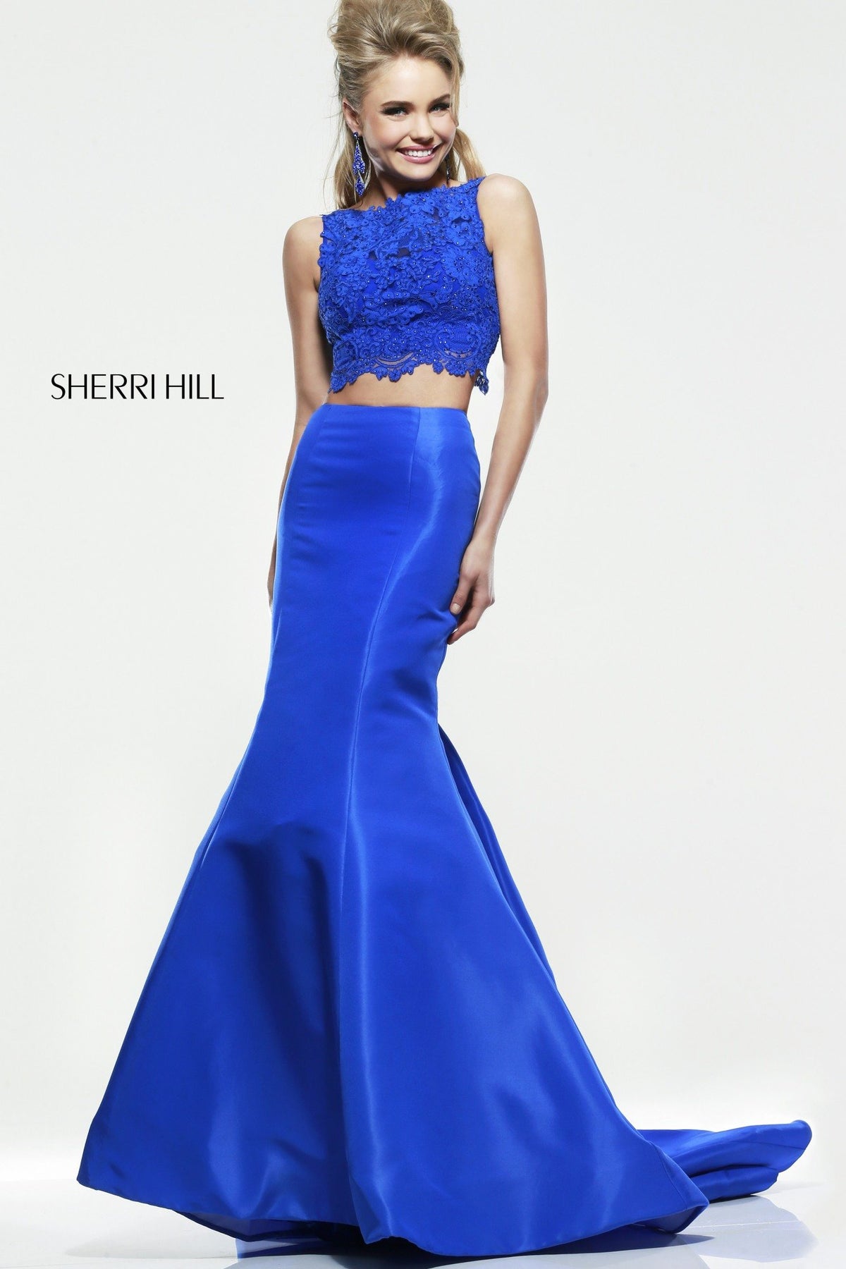 Sherri Hill 21372 satin mermaid gown with beaded waist in royal