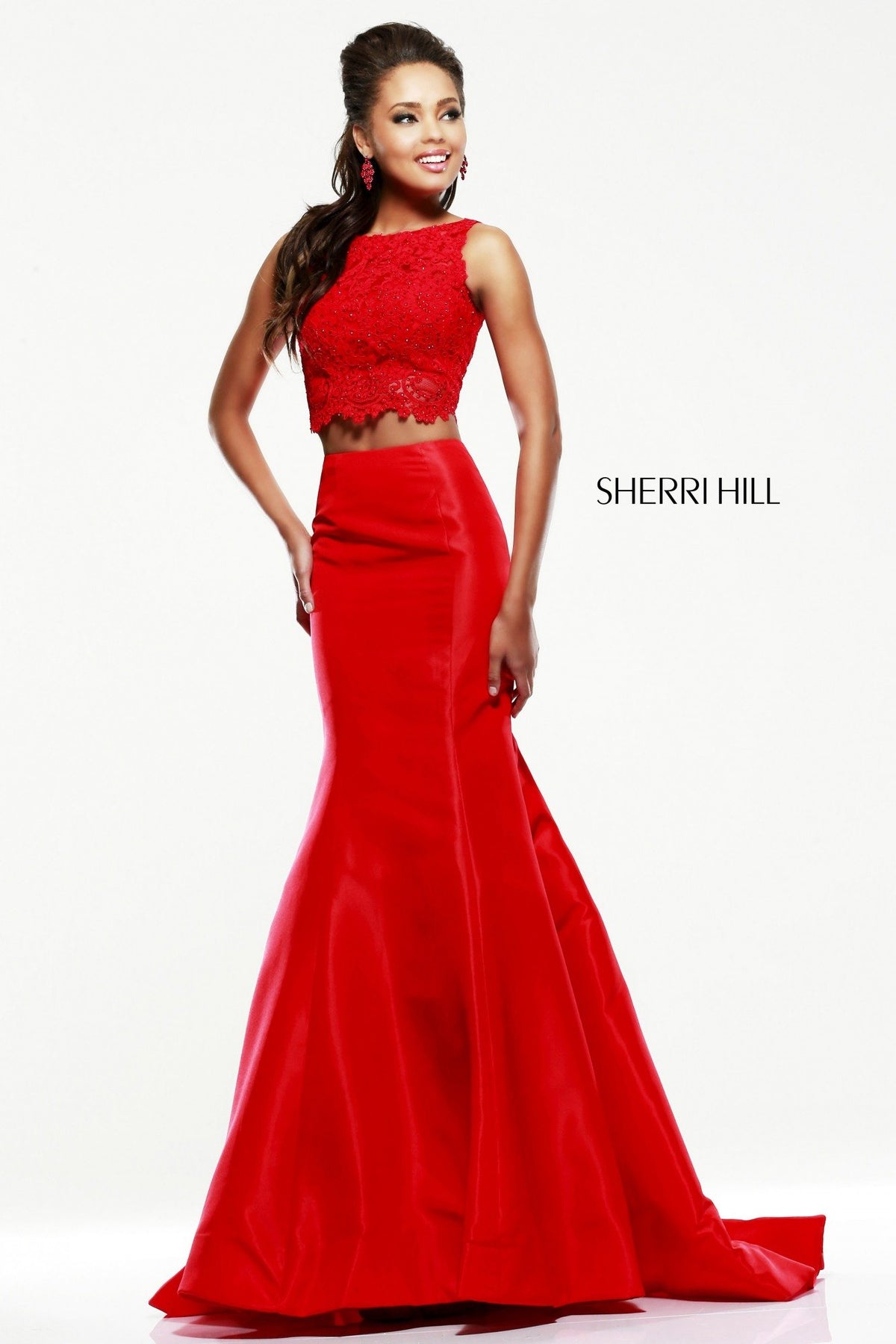 Sherri Hill 21372 satin mermaid gown with beaded waist in red