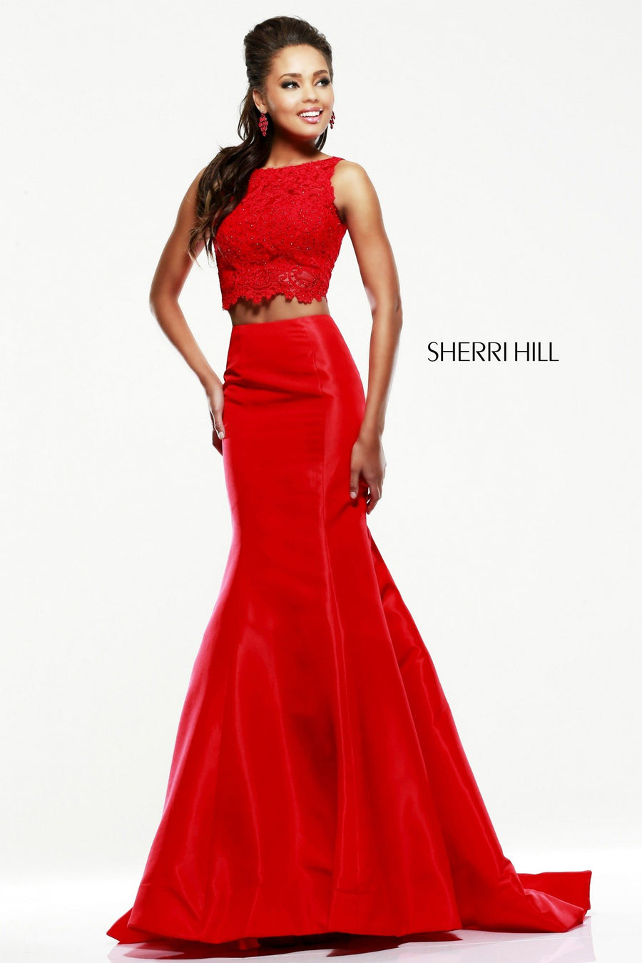 Sherri Hill style 21372 in red, Satin Mermaid Gown with Beaded Waist