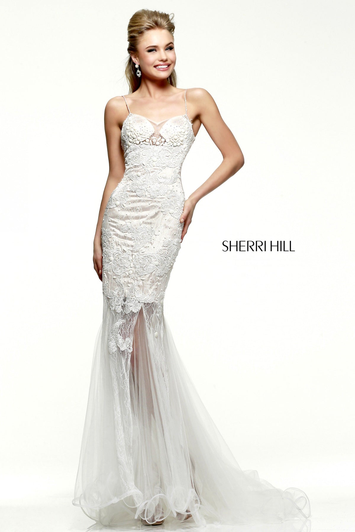 Sherri Hill 9813 strapless mermaid gown with tulle skirt in ivory/nude