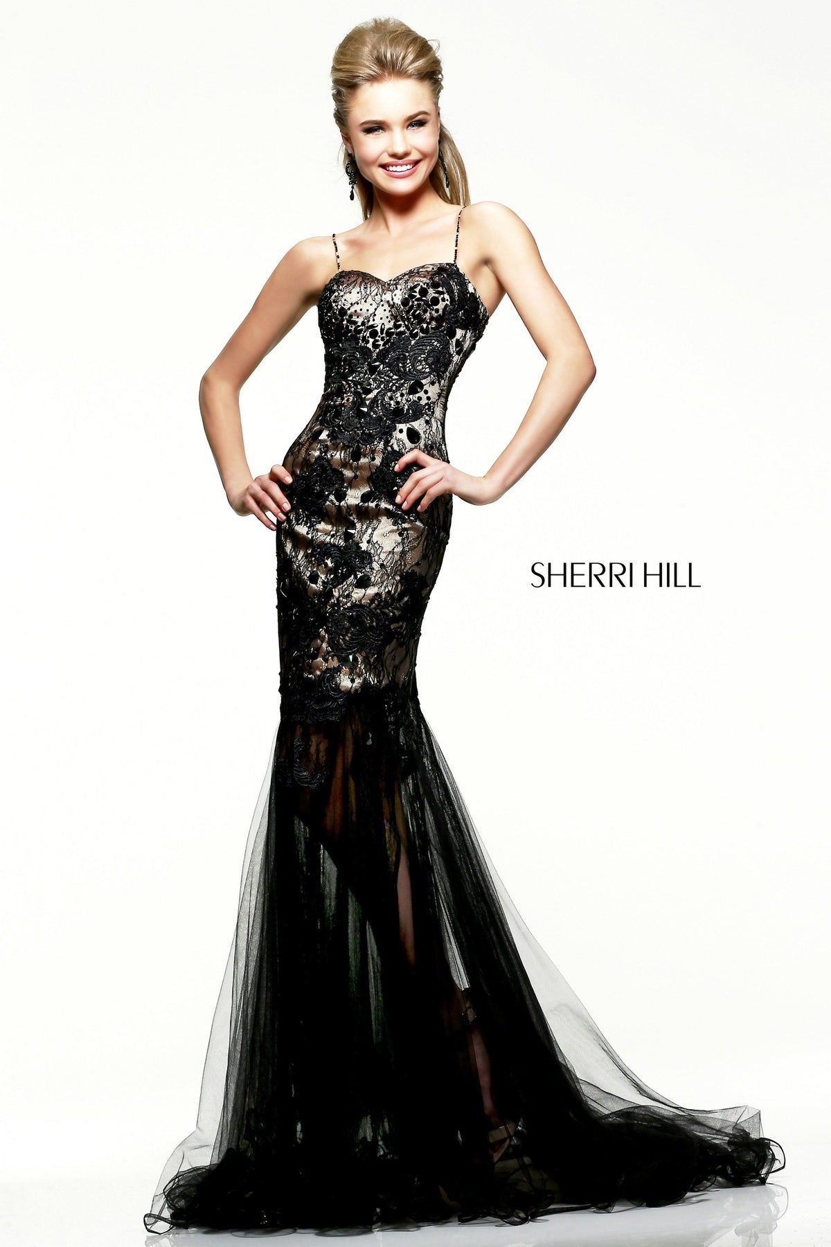 Sherri Hill 9813 strapless mermaid gown with tulle skirt in black/nude