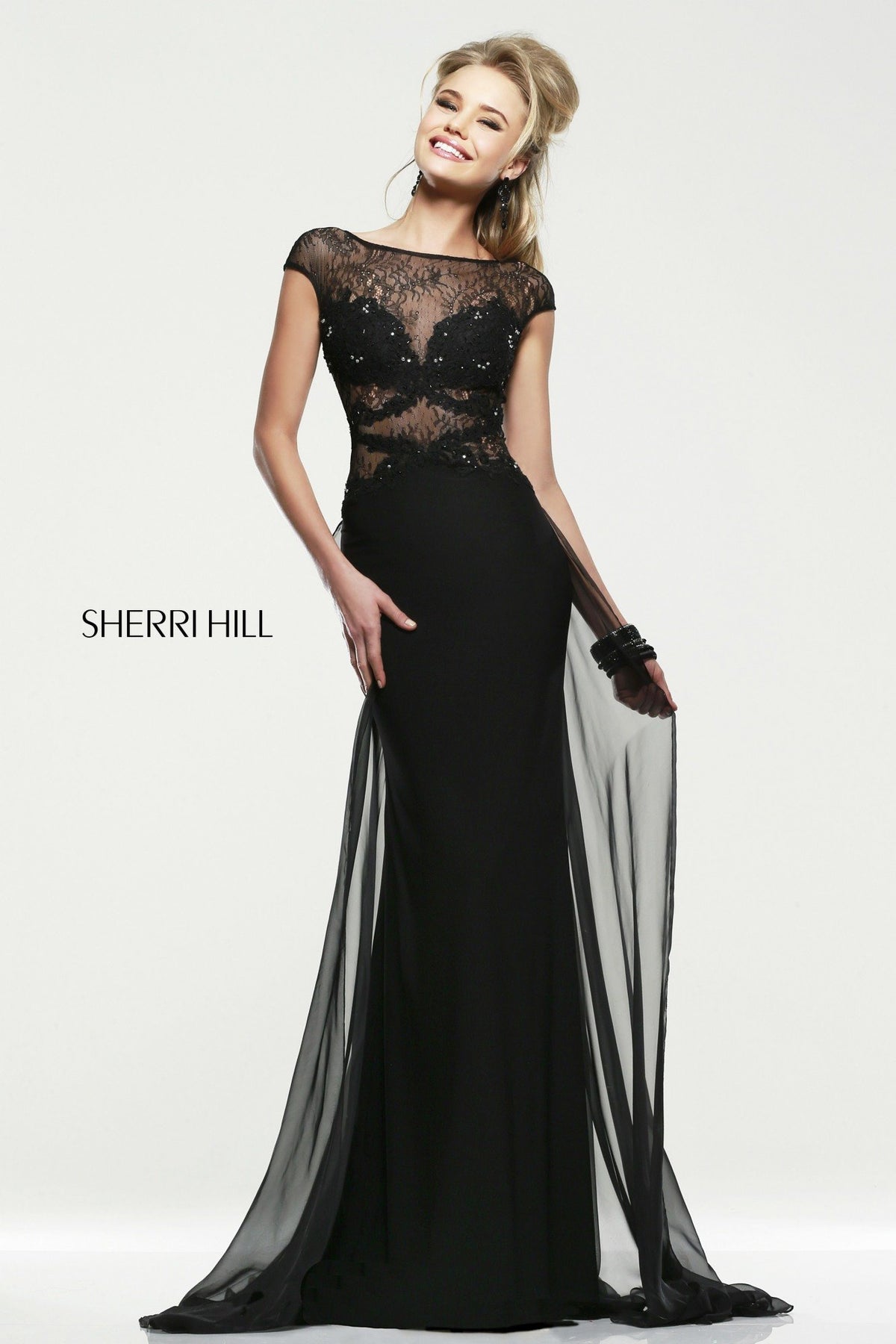 Sherri Hill 21365 cap-sleeve lace fitted gown with sheer overskirt in black