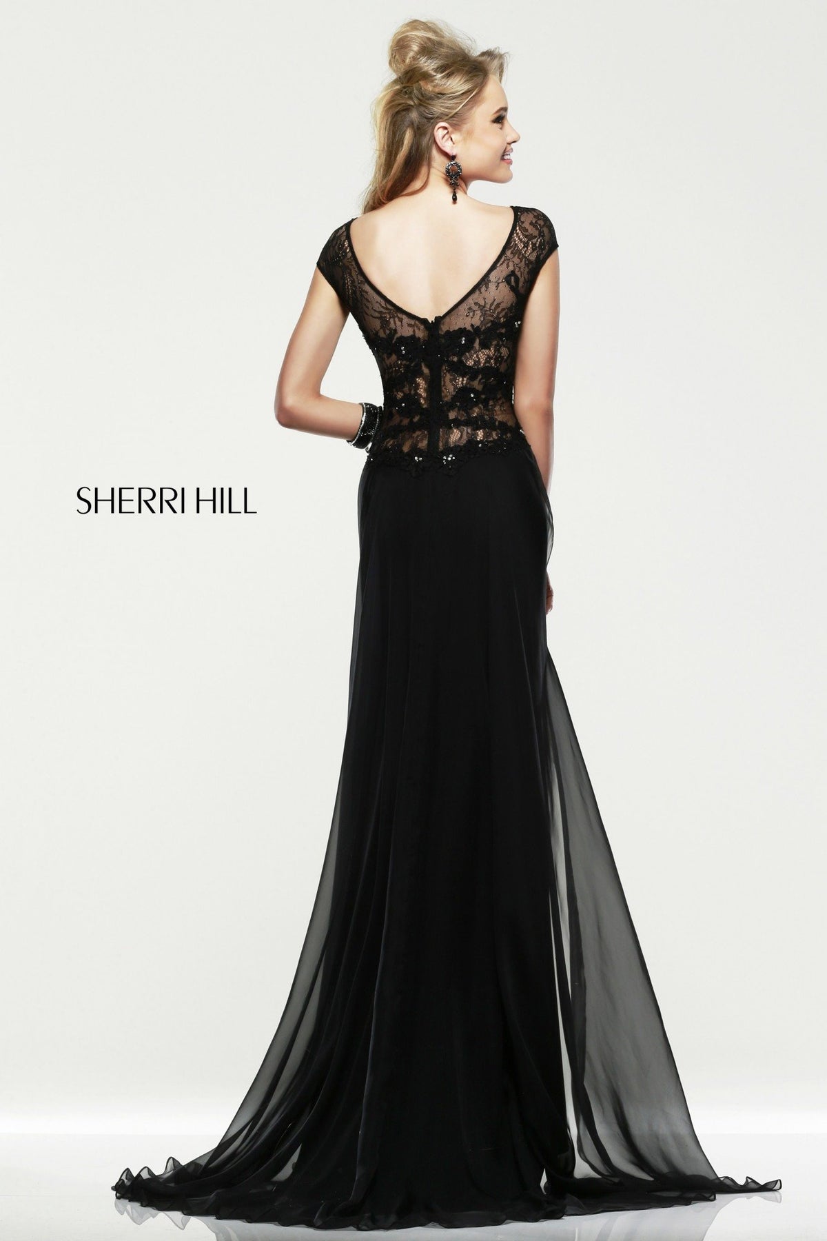Sherri Hill 21365 cap-sleeve lace fitted gown with sheer overskirt