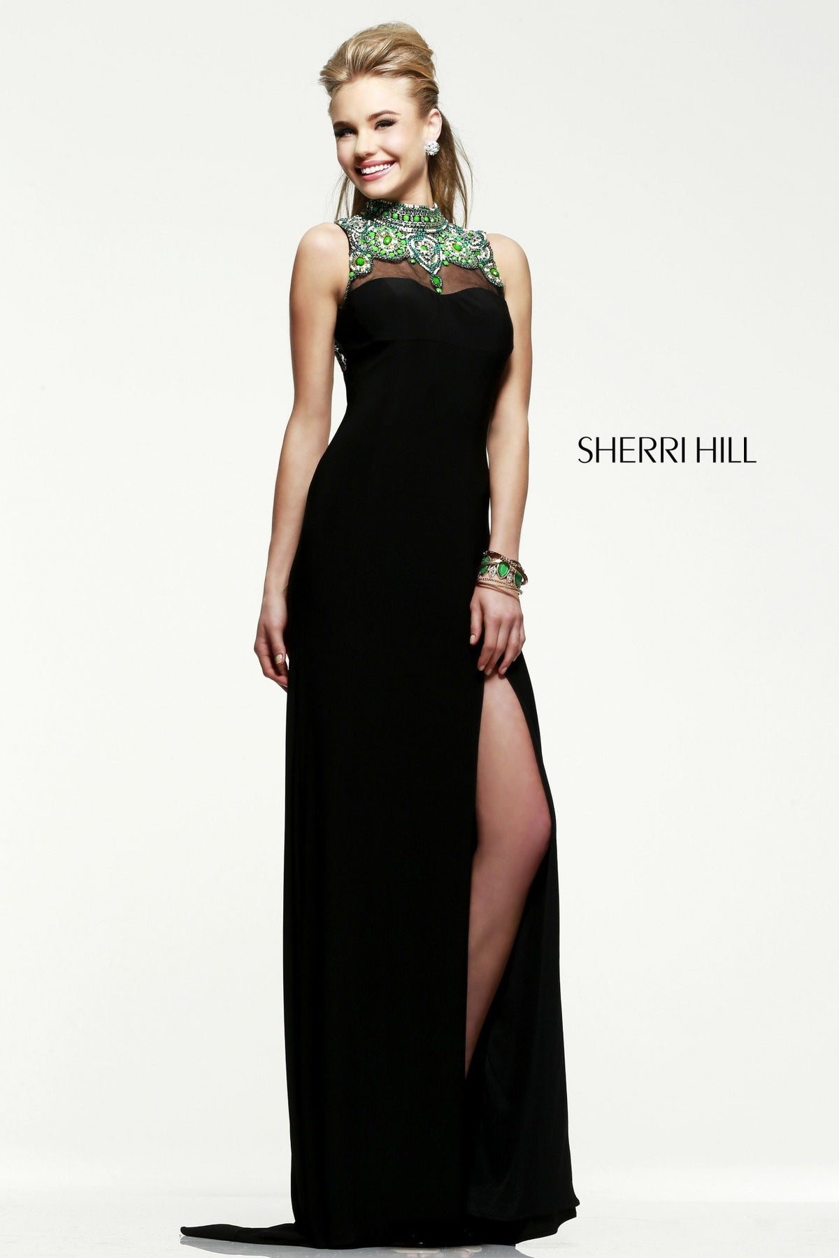 Sherri Hill 21370 fitted dress with beaded sheer yoke