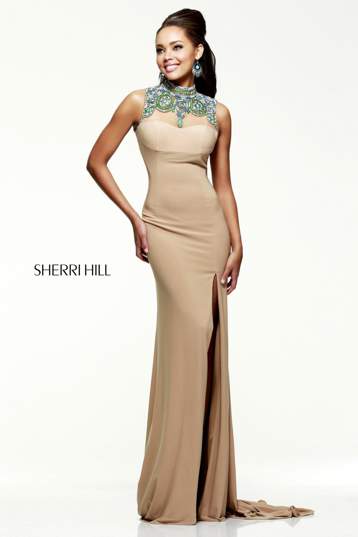 Sherri Hill 21370 fitted dress with beaded sheer yoke in nude