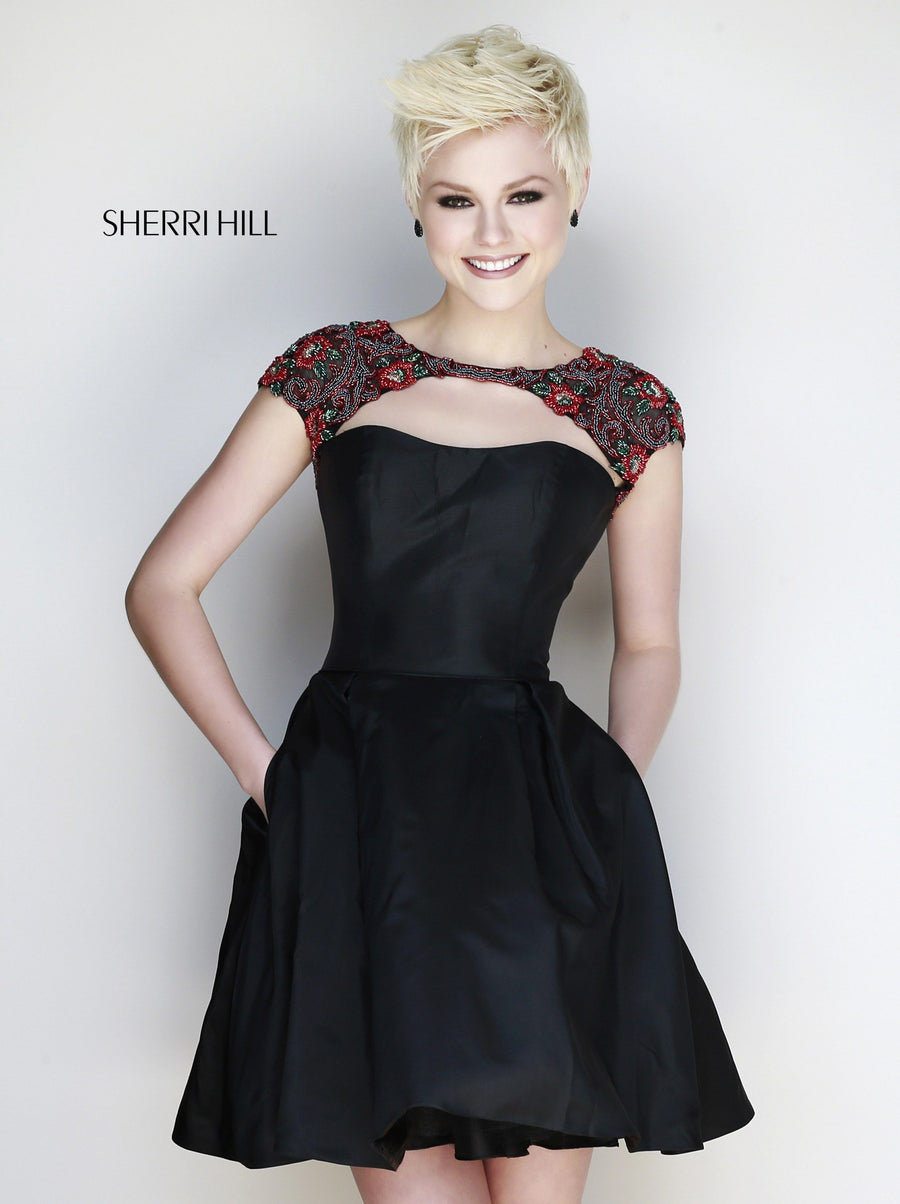Sherri Hill style 11169 in black/multi, Cocktail Dress with Cutout Neckline