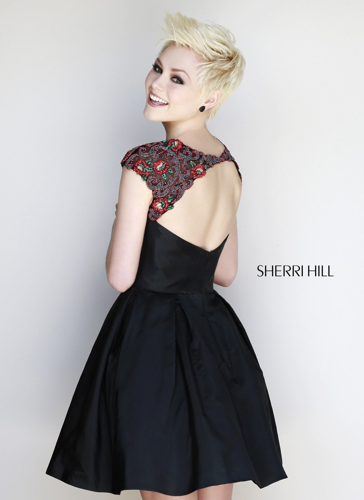 Sherri Hill 11169 cocktail dress with cutout neckline and full skirt