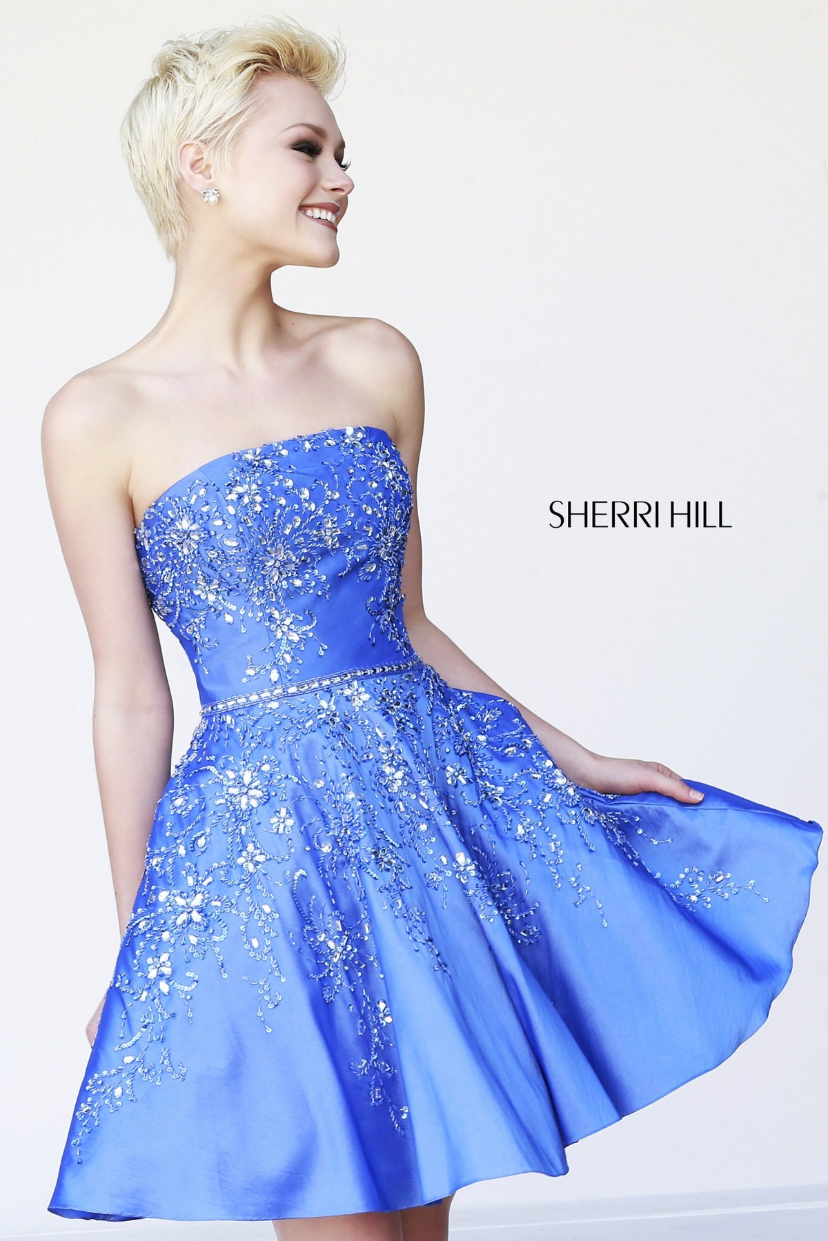 Sherri Hill 21362 strapless cocktail dress with full skirt