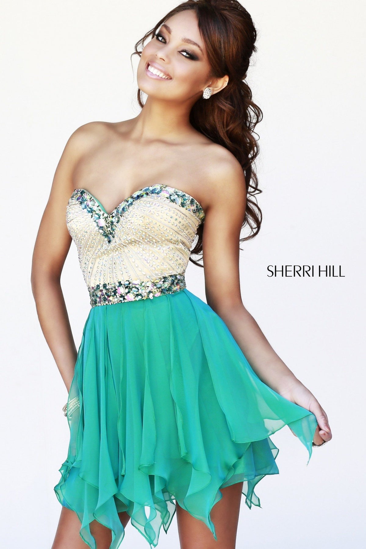 Sherri Hill 1928 strapless beaded tulle cocktail dress in jade