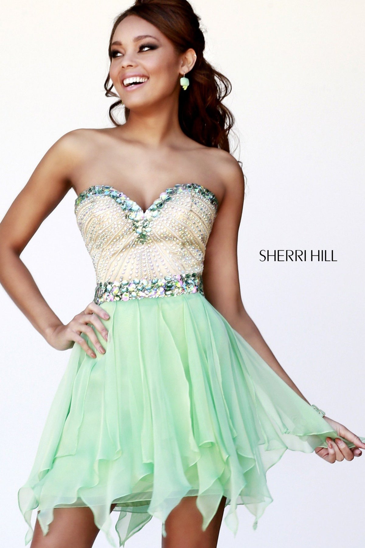 Sherri Hill 1928 strapless beaded tulle cocktail dress in light green