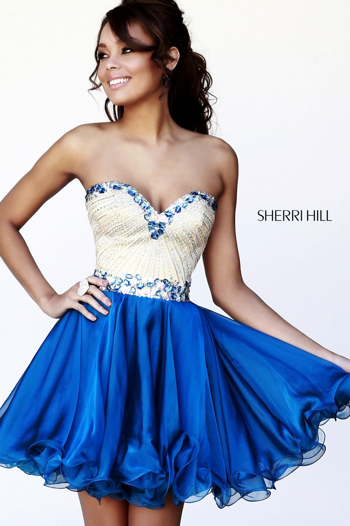 Sherri Hill 1929 strapless beaded bodice chiffon cocktail dress in royal