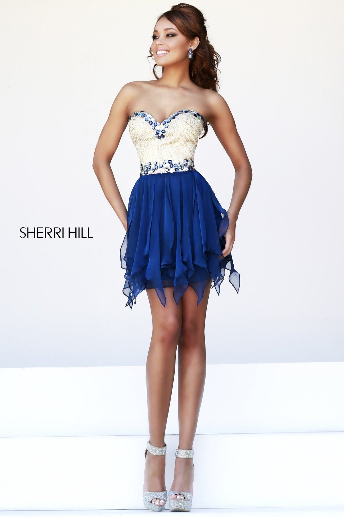 Sherri Hill 1928 strapless beaded tulle cocktail dress in navy