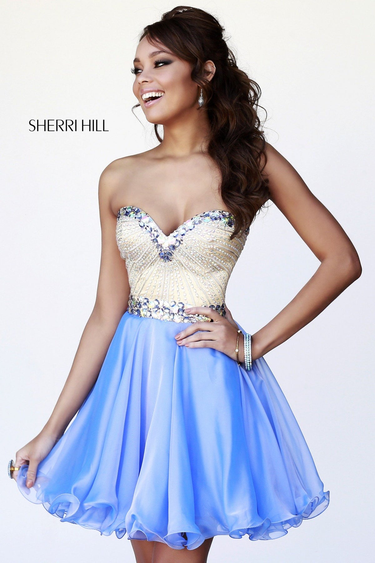 Sherri Hill 1929 strapless beaded bodice chiffon cocktail dress in periwinkle