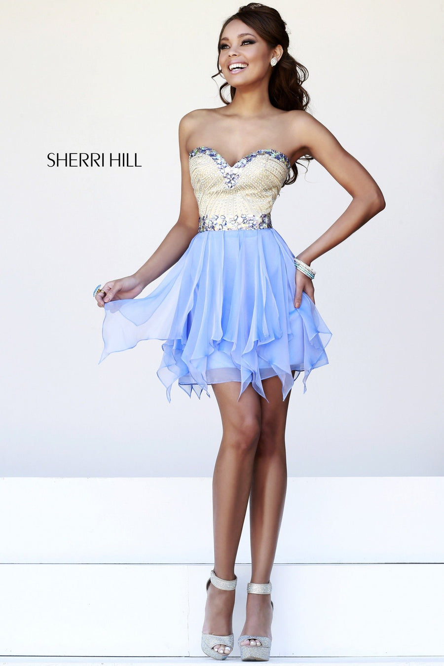 Sherri Hill style 1928 in periwinkle, Strapless Beaded Tulle Cocktail Dress