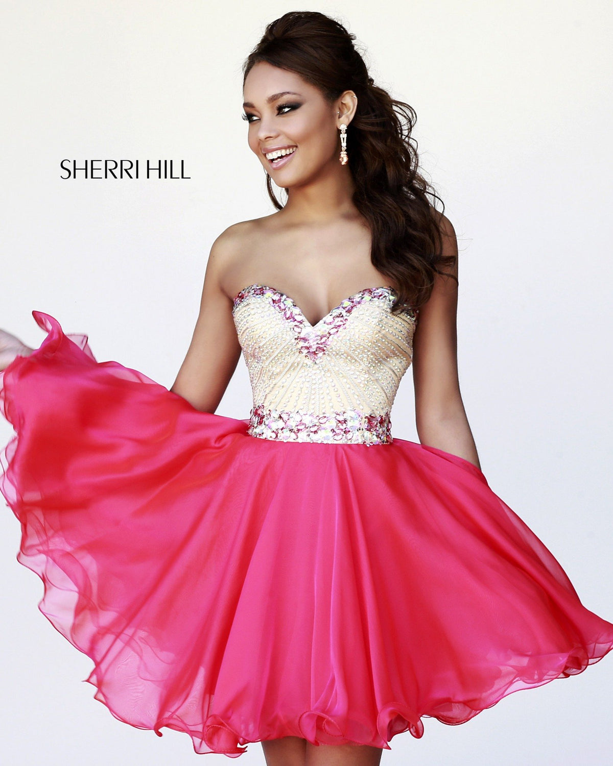 Sherri Hill 1929 strapless beaded bodice chiffon cocktail dress in strawberry