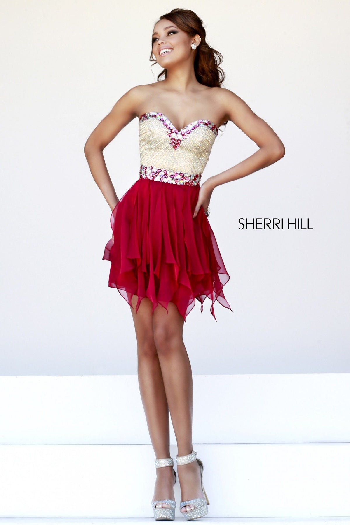 Sherri Hill 1928 strapless beaded tulle cocktail dress in ruby