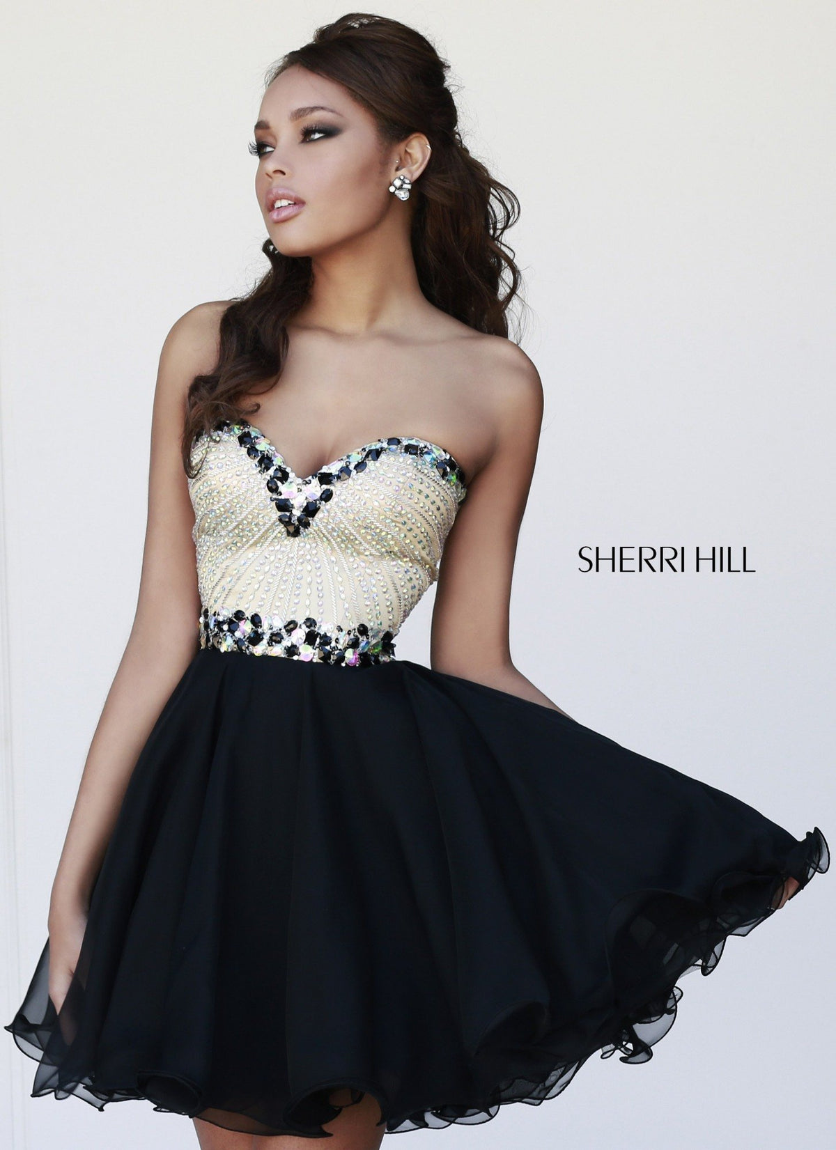 Sherri Hill 1929 strapless beaded bodice chiffon cocktail dress in black