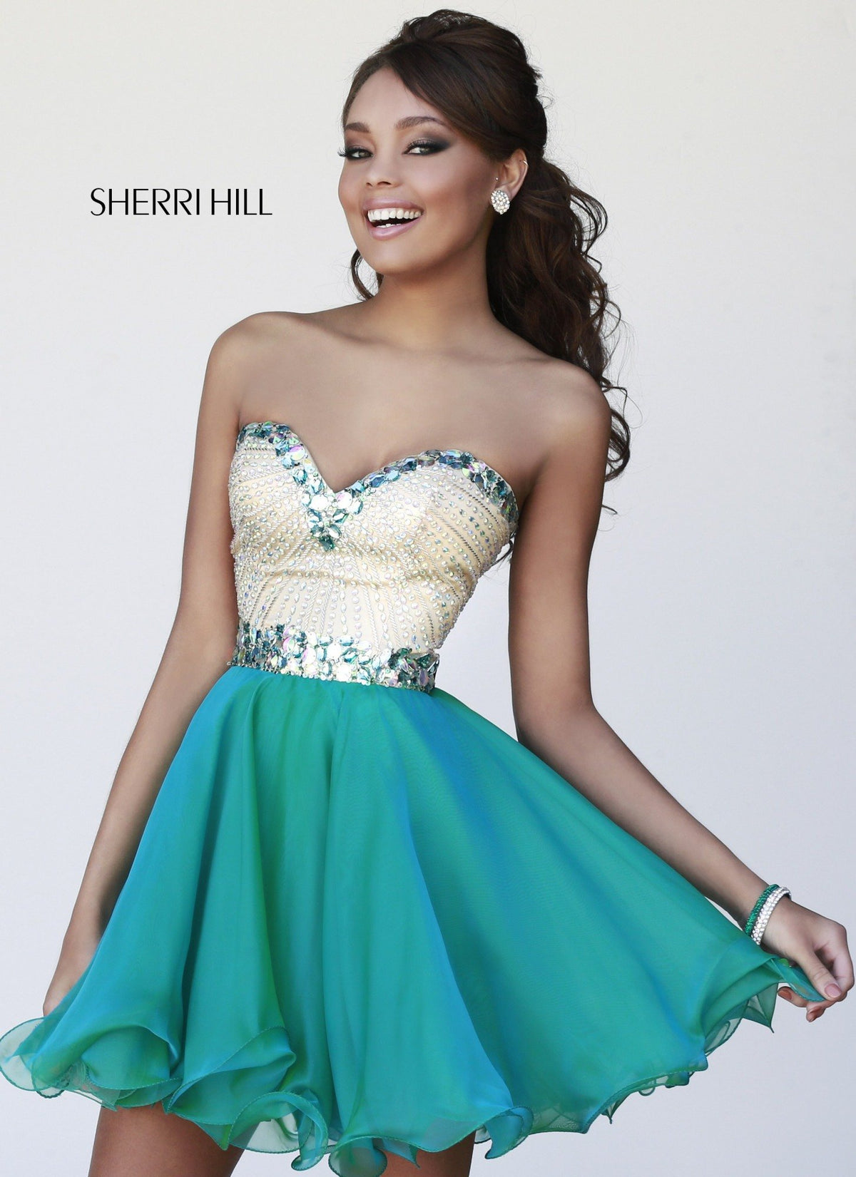 Sherri Hill 1929 strapless beaded bodice chiffon cocktail dress in jade
