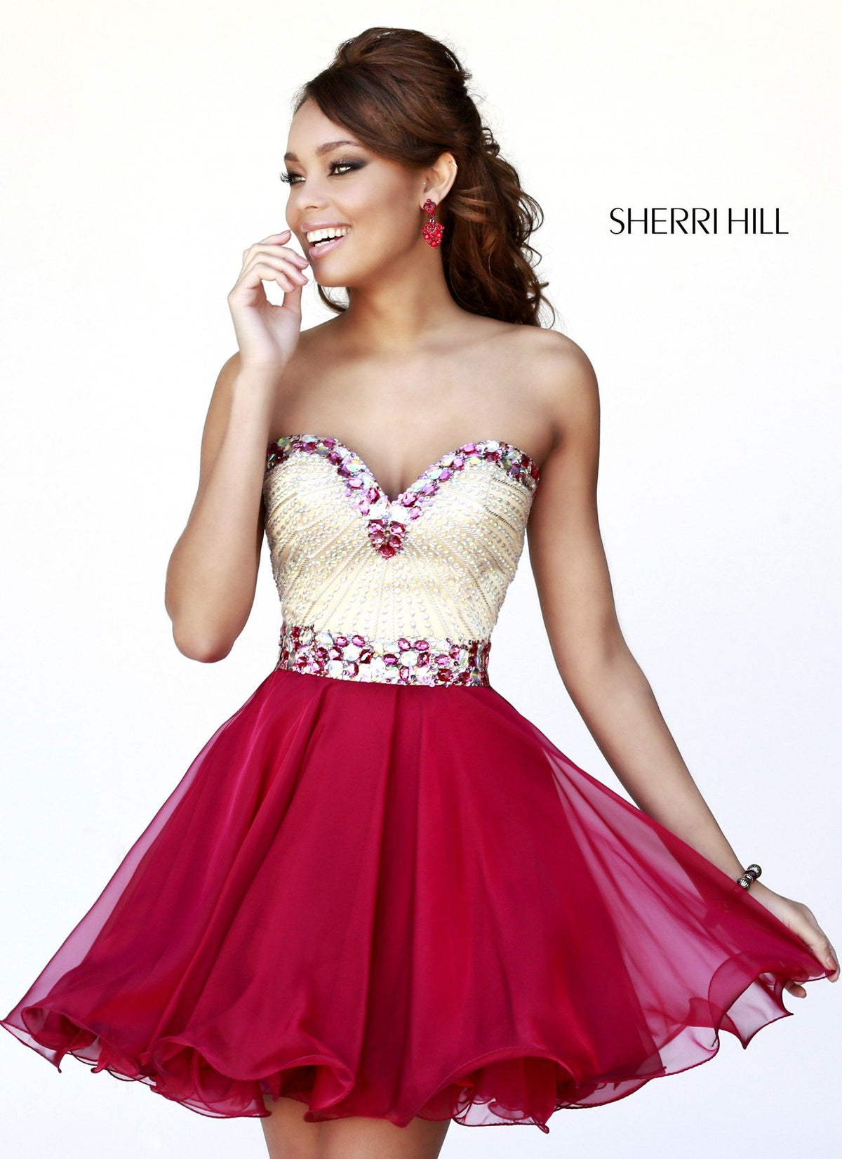 Sherri Hill 1929 strapless beaded bodice chiffon cocktail dress in ruby