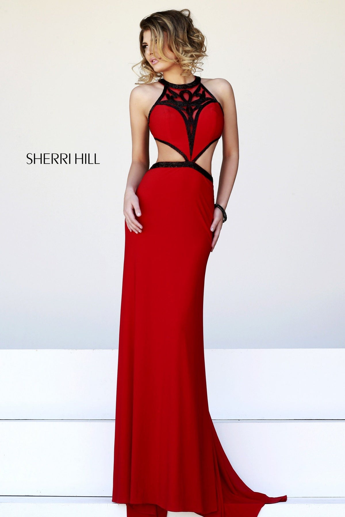 Sherri Hill 11124 halter beaded fitted dress with cutouts in red/black