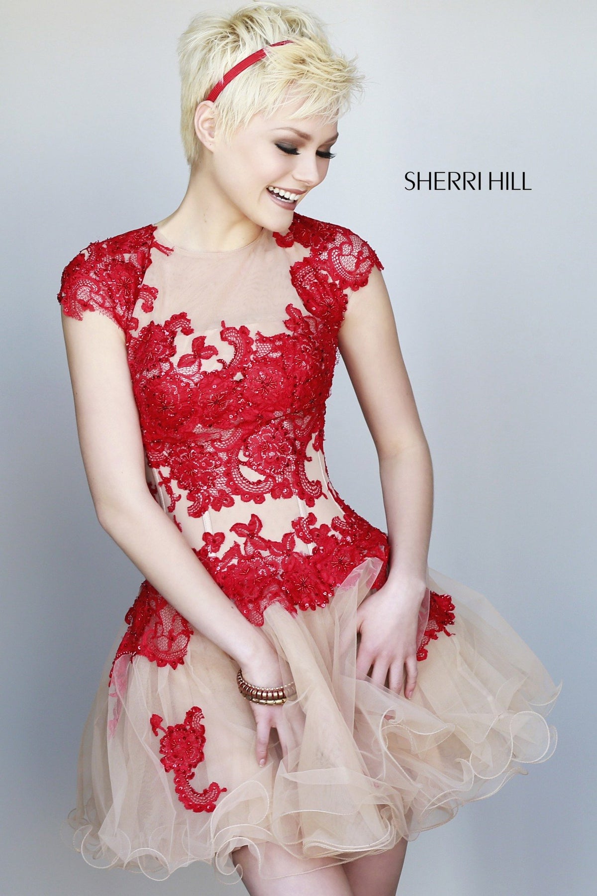 Sherri Hill 11153 cap-sleeve lace appliquéd cocktail dress with tulle skirt in red/nude