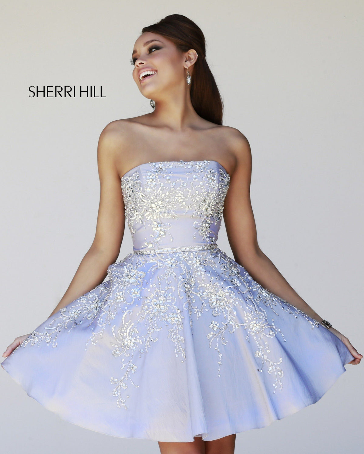 Sherri Hill 21362 strapless cocktail dress with full skirt in silver