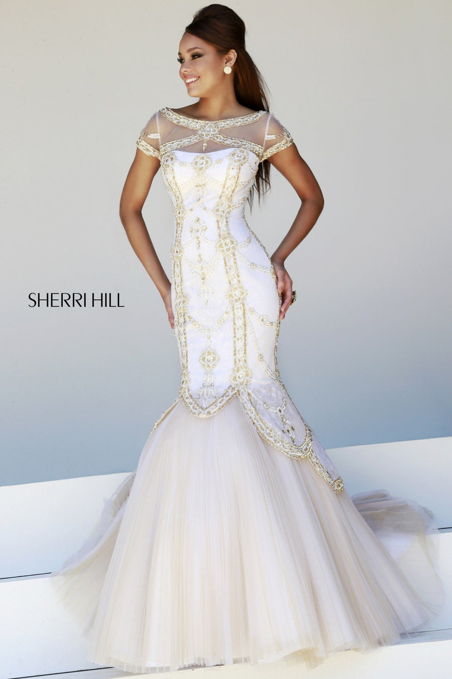 Sherri Hill style 21369 in ivory/gold, Cap-Sleeve Beaded Mermaid Gown