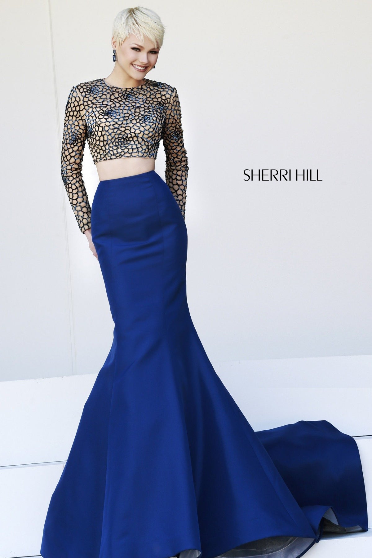 Sherri Hill 32009 color-block mermaid gown with beaded bodice in navy/nude