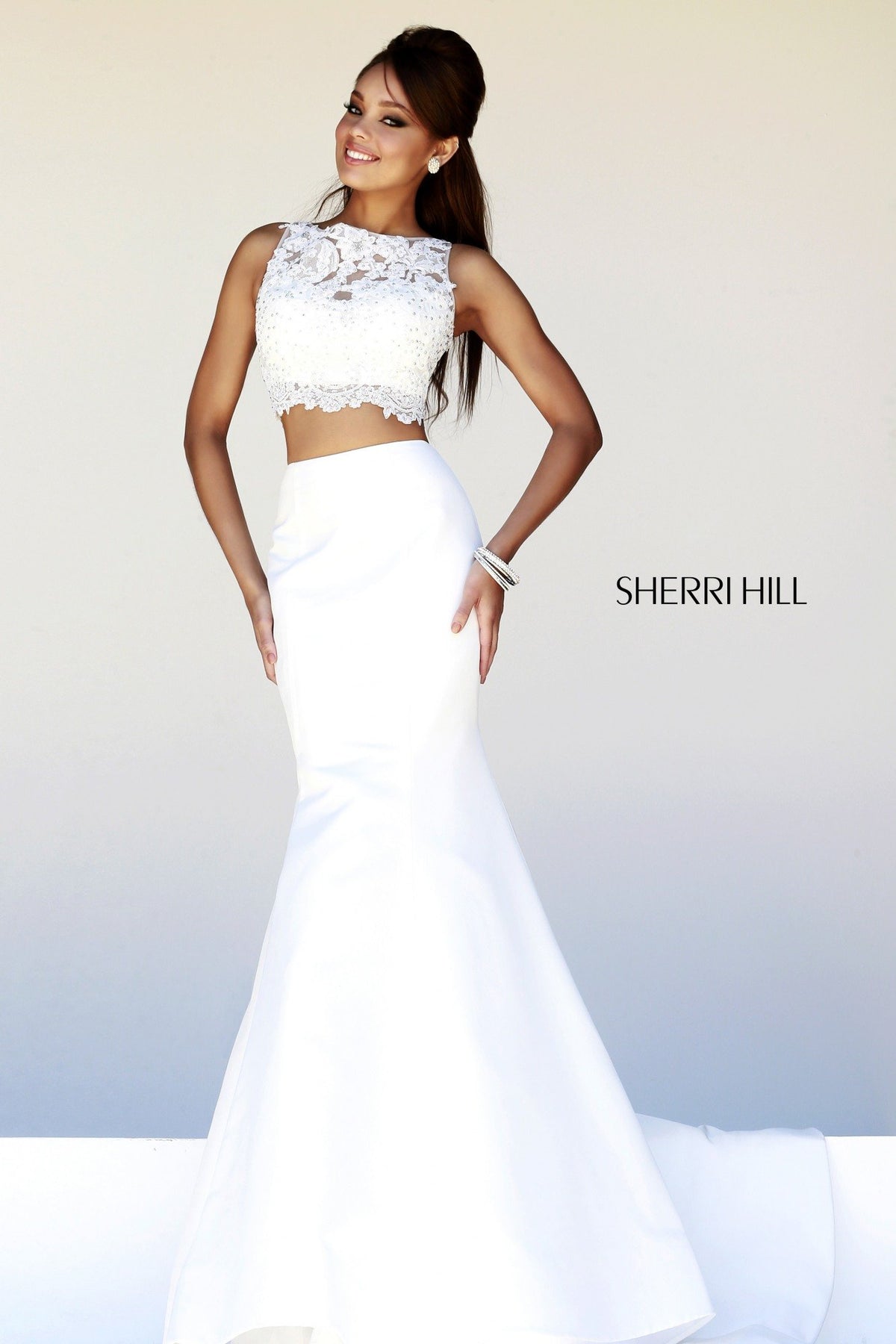 Sherri Hill 21372 satin mermaid gown with beaded waist in ivory