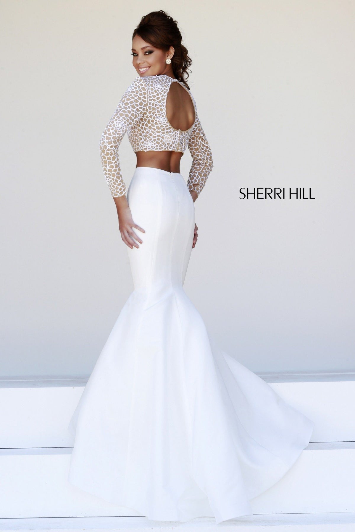 Sherri Hill 32009 color-block mermaid gown with beaded bodice in ivory/nude