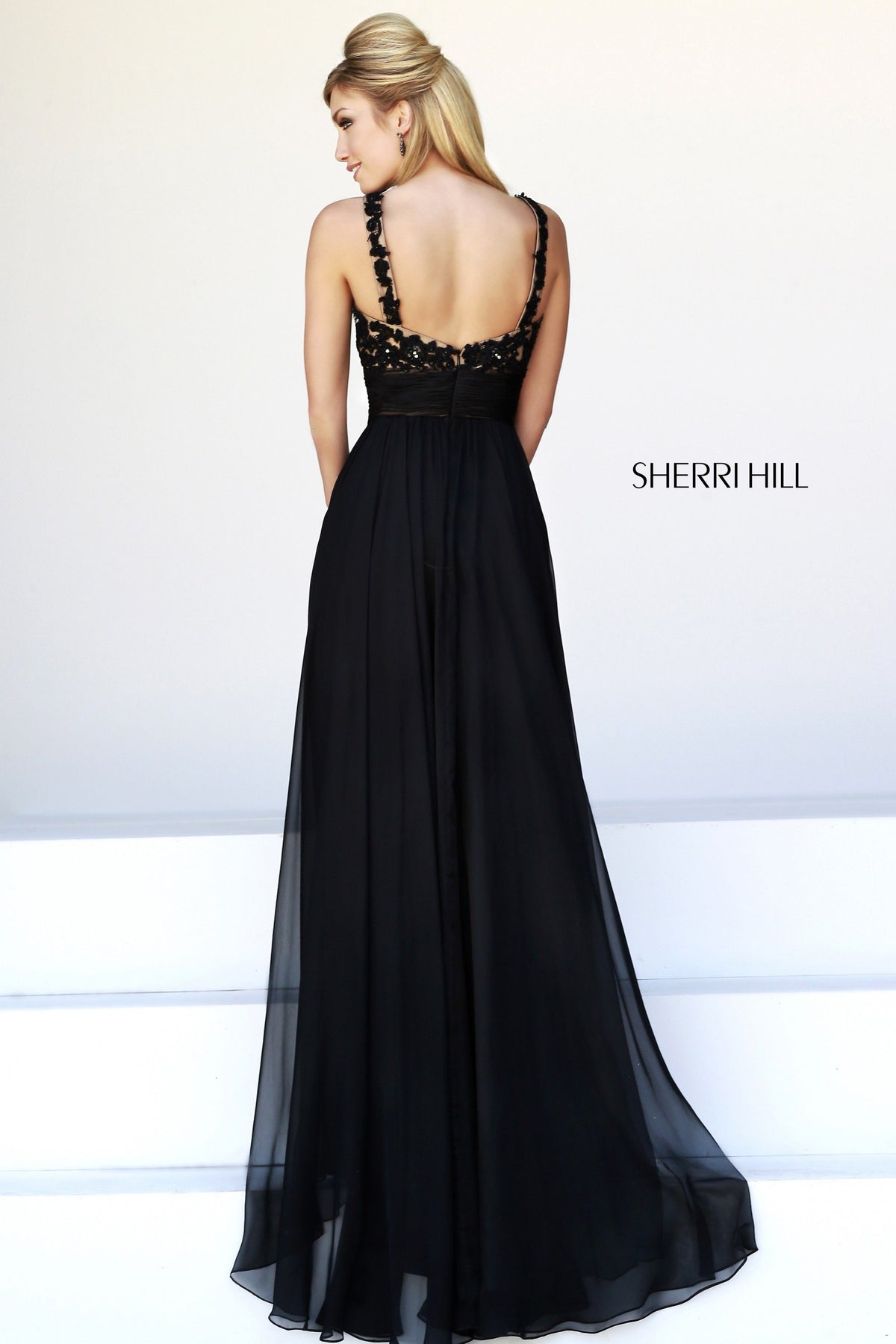 Sherri Hill 32011 lace bodice chiffon gown in black/nude