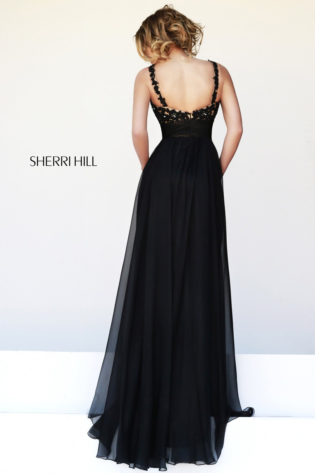 Sherri Hill 32011 lace bodice chiffon gown in black/nude