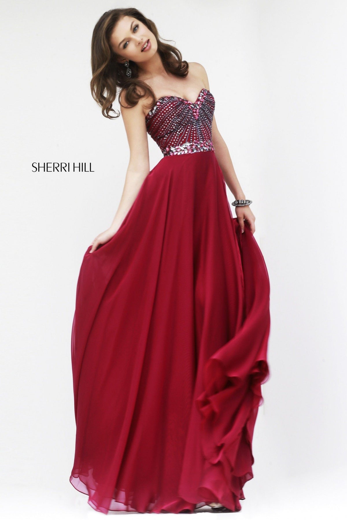Sherri Hill 1937 strapless beaded bodice chiffon gown in ruby/gunmetal