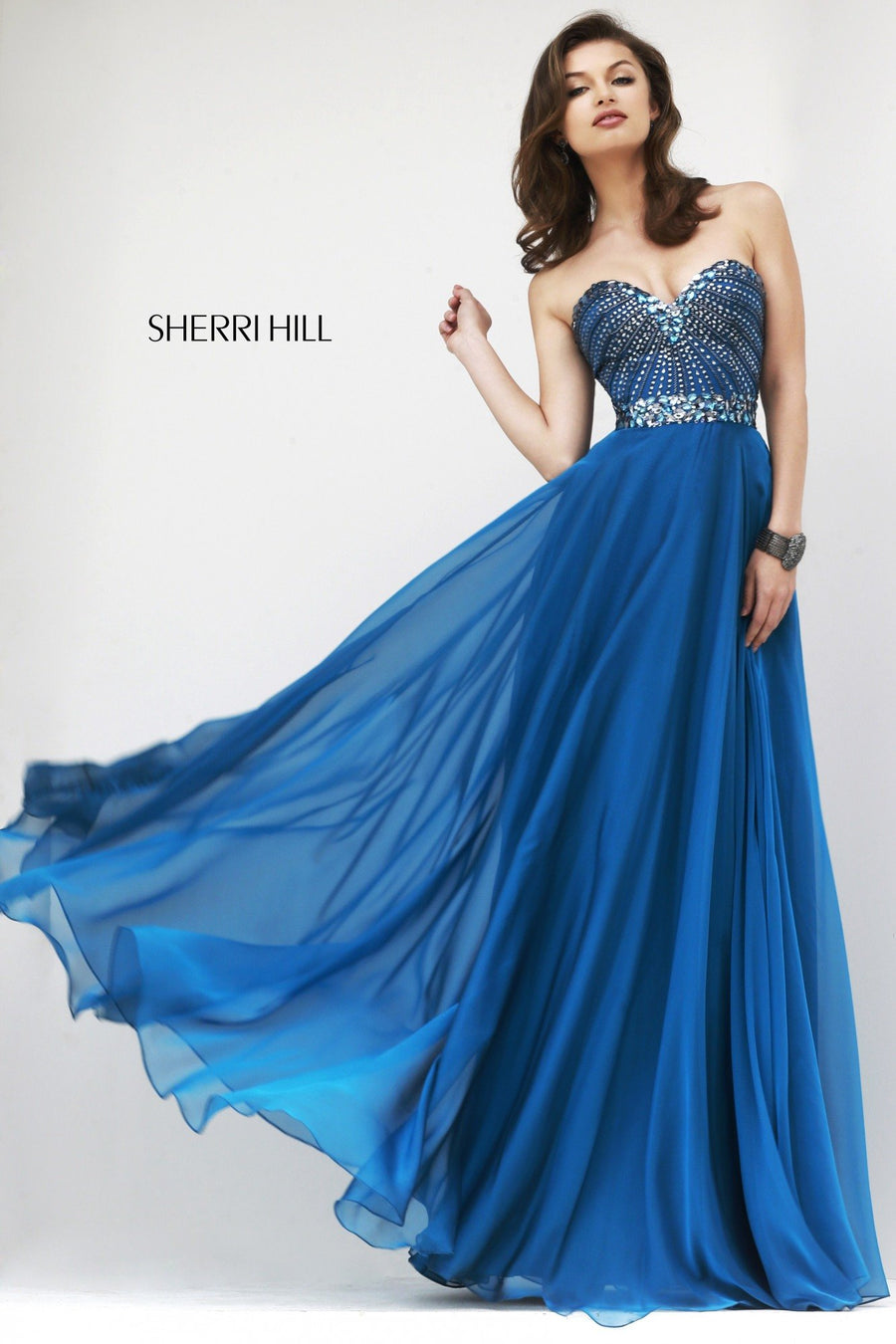 Sherri Hill style 1937 in teal/gunmetal, Strapless Beaded Bodice Chiffon Gown