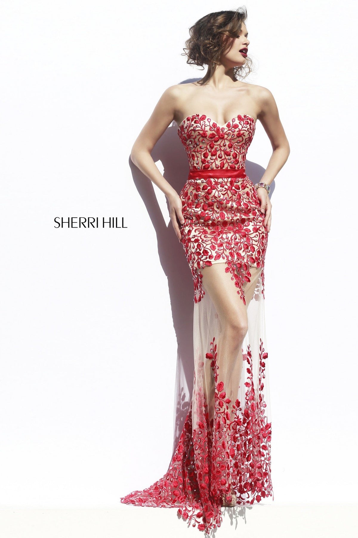 Sherri Hill 1935 strapless beaded fitted gown with sheer skirt in nude/red