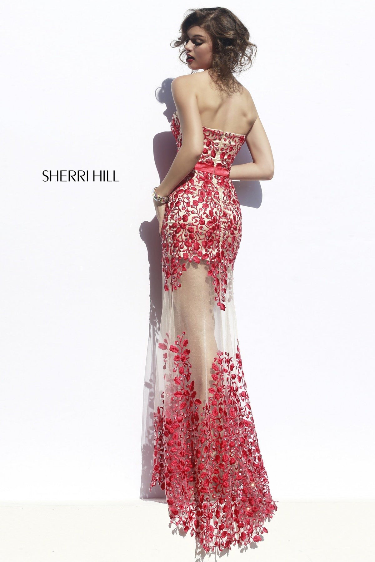 Sherri Hill 1935 strapless beaded fitted gown with sheer skirt