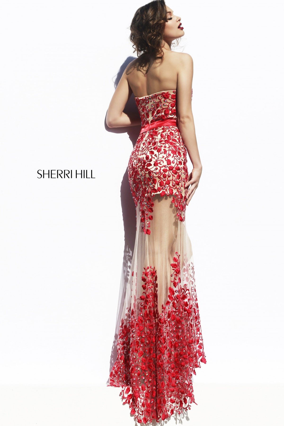 Sherri Hill 1935 strapless beaded fitted gown with sheer skirt