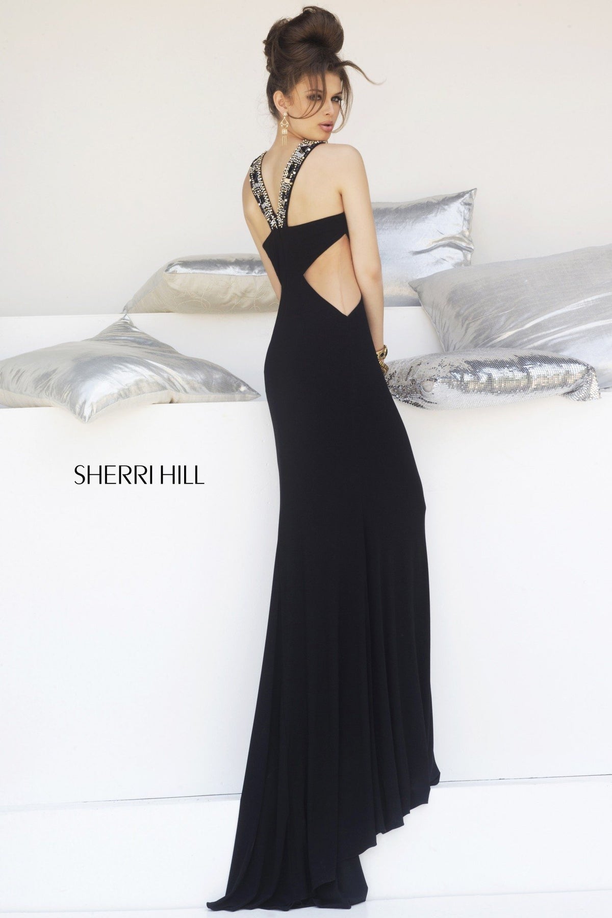 Sherri Hill 4329 fitted jersey gown with cutout neckline in black