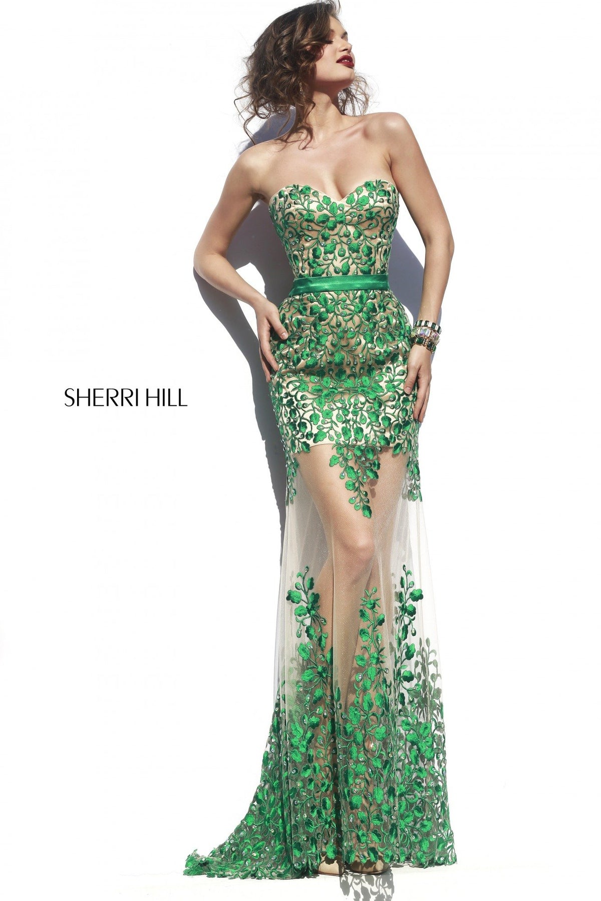 Sherri Hill 1935 strapless beaded fitted gown with sheer skirt in nude/emerald