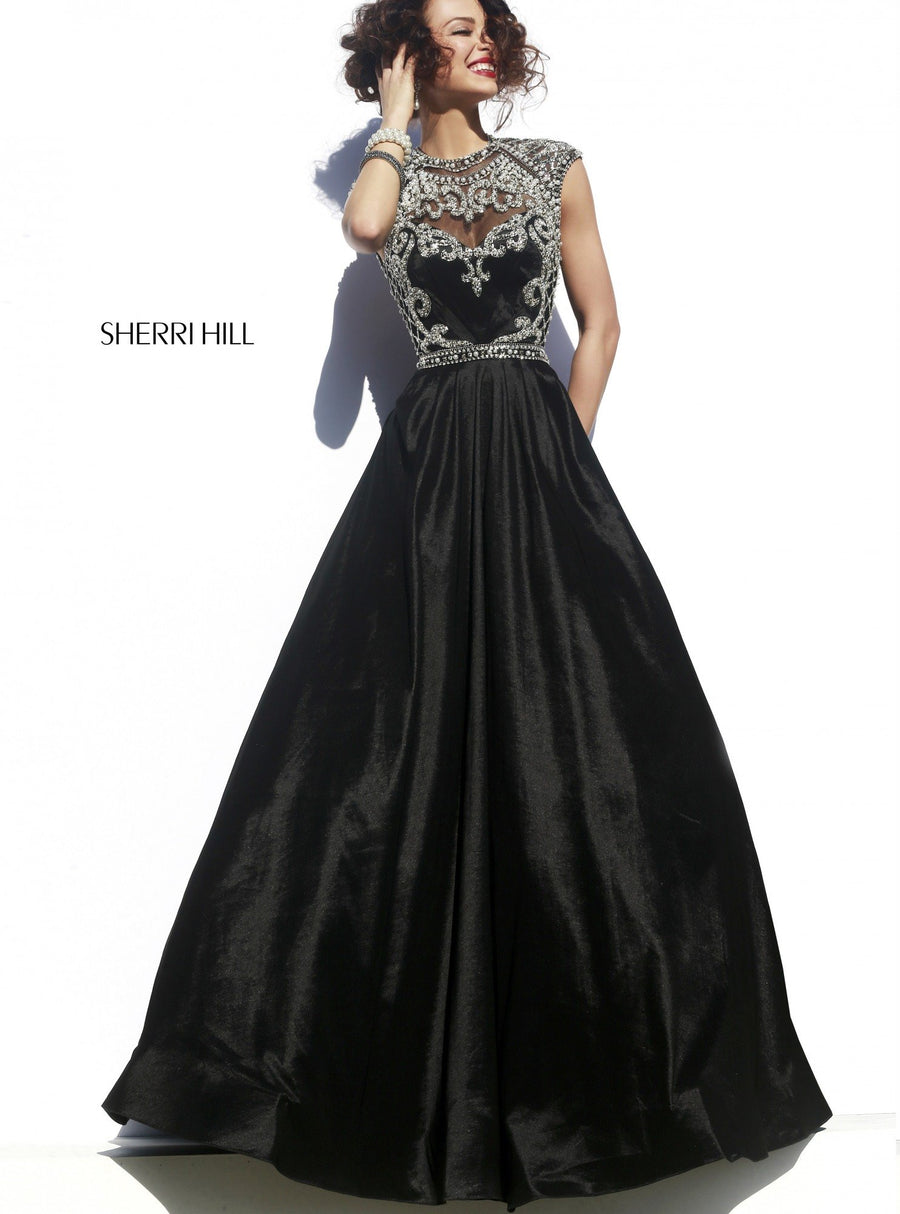 Sherri Hill style 4332 in black, Cap-Sleeve Beaded Bodice Satin Ball Gown