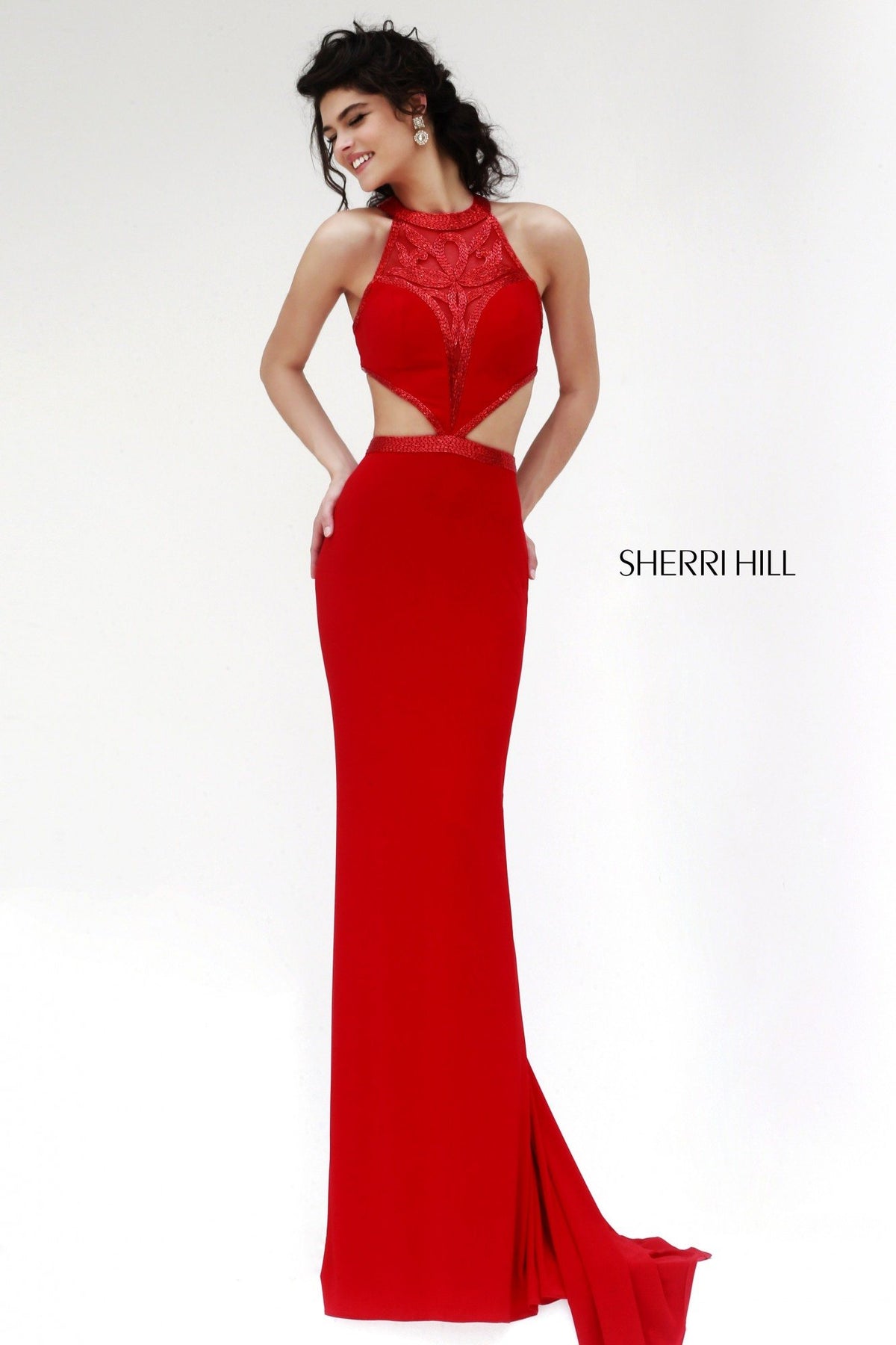 Sherri Hill 11124 halter beaded fitted dress with cutouts in red/red